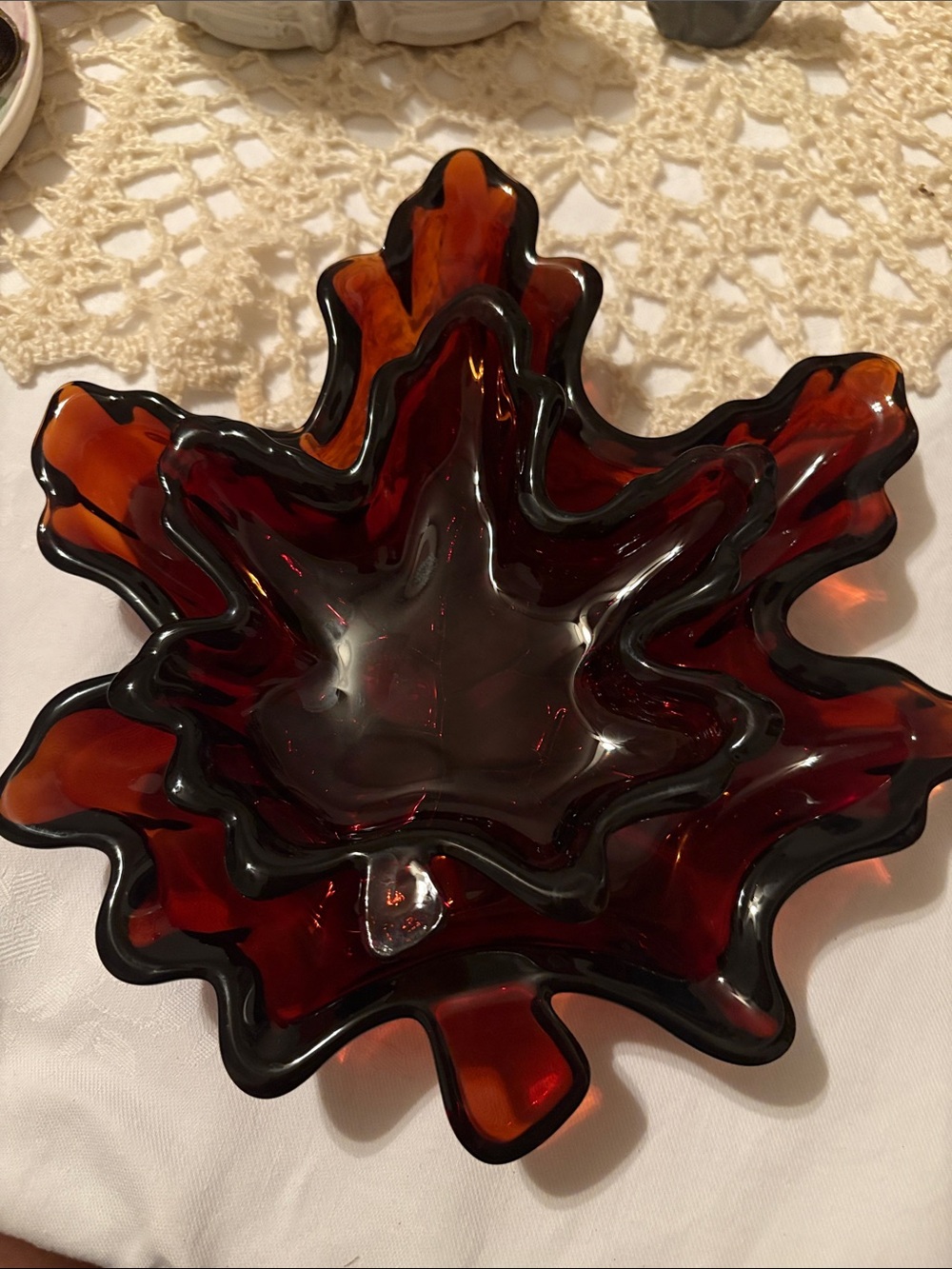 Vintage Amber Glass Decorative Maple Leaf Dish Set.